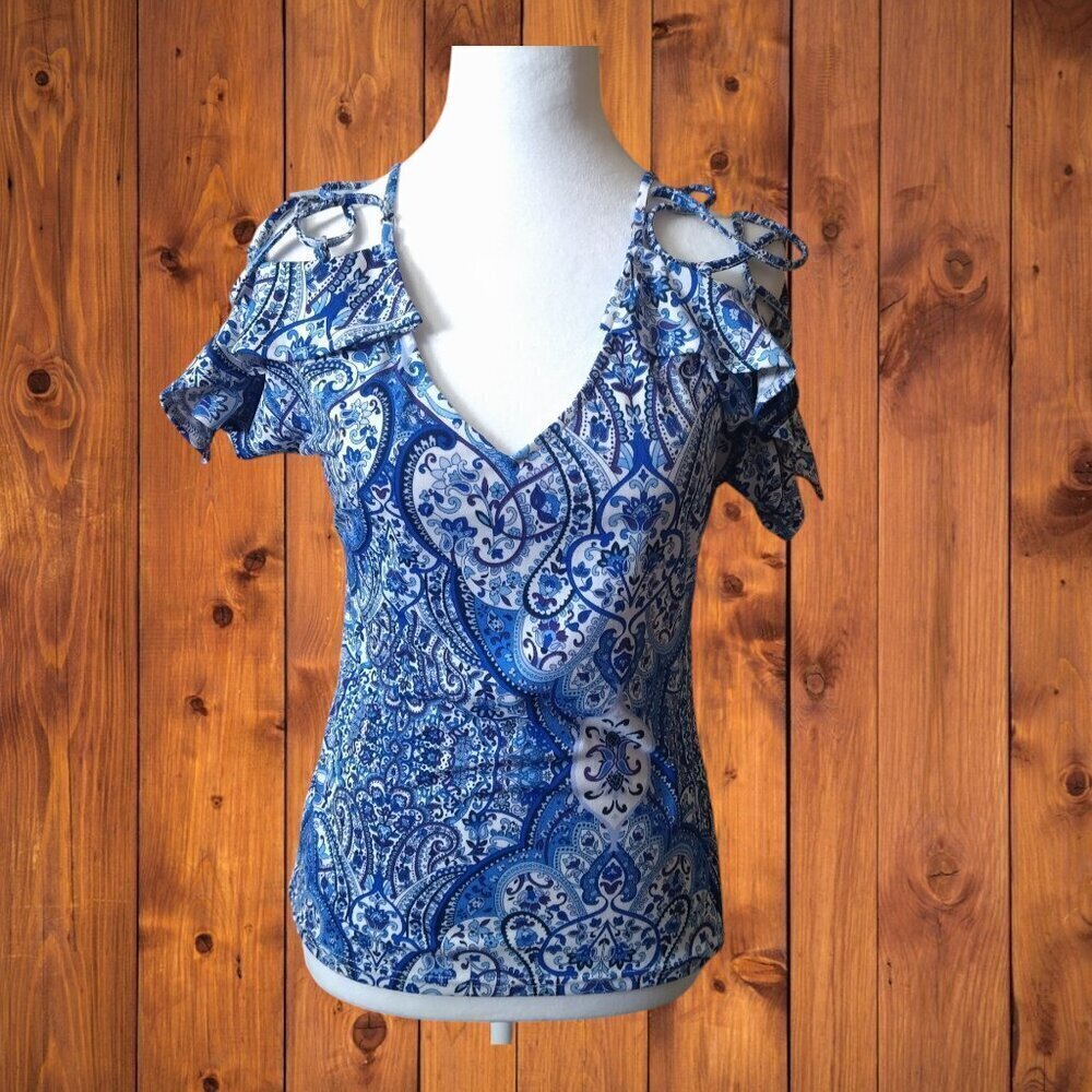 Bold Element Paisley Short Strappy Ruffle Sleeve Pullover V-Neck Top Size XS